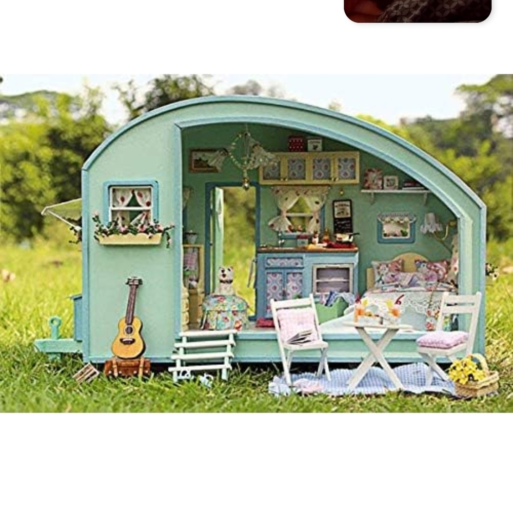 Miniature Teal Cute Trailer Dollhouse with Outdoor Patio